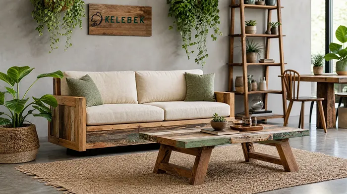 A sustainable interior design featuring eco-friendly furniture made from natural and recycled materials, organic fabrics, recyclable elements, and a timeless aesthetic focused on environmental responsibility