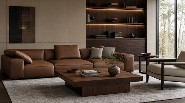 High-end quiet luxury interior with premium leather sofa, walnut wood table, subtle elegance, and sophisticated neutral color palette