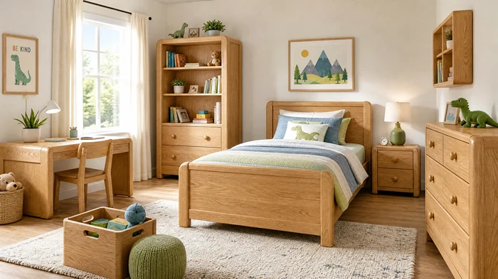 Safe children's bedroom with solid oak furniture, soft colors, rounded edges, organized storage, and bright cheerful lighting