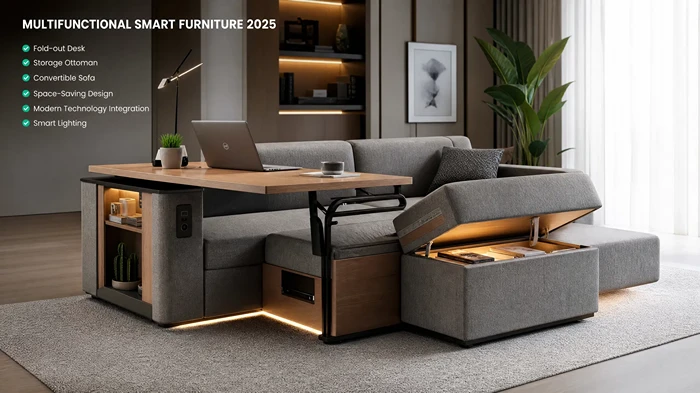 Smart multifunctional furniture setup showing fold-out desk, storage ottoman, convertible sofa, space-saving design, and modern technology integration
