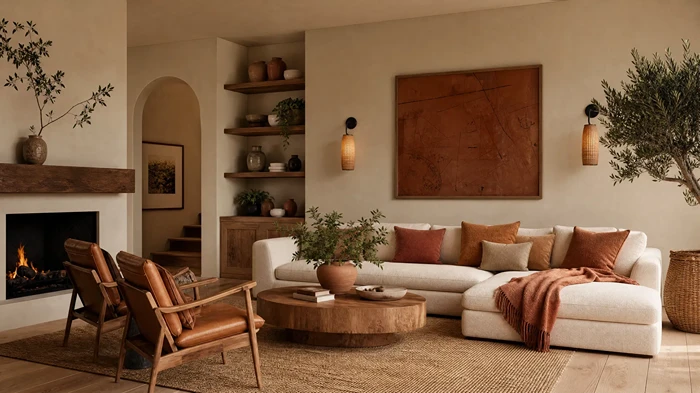 Warm earthy tone interior design featuring terracotta accents, natural wood furniture, beige walls, organic materials, and cozy atmosphere"