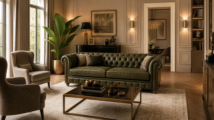 Classic olive green Chesterfield sofa in a luxury interior - Kelebek Furniture Buying Guide
