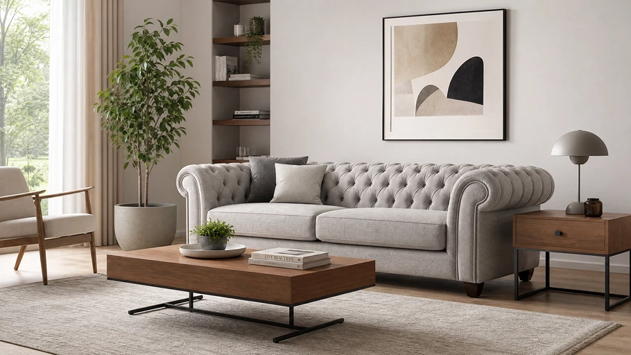 Modern light gray fabric Chesterfield sofa in a minimalist living room - Kelebek Furnitur