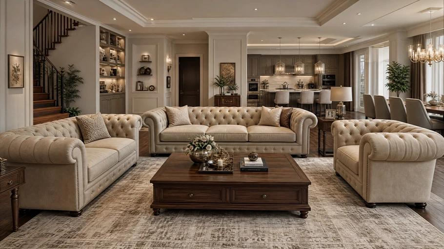 Large living room furniture set featuring beige Chesterfield sofas - Kelebek Furniture