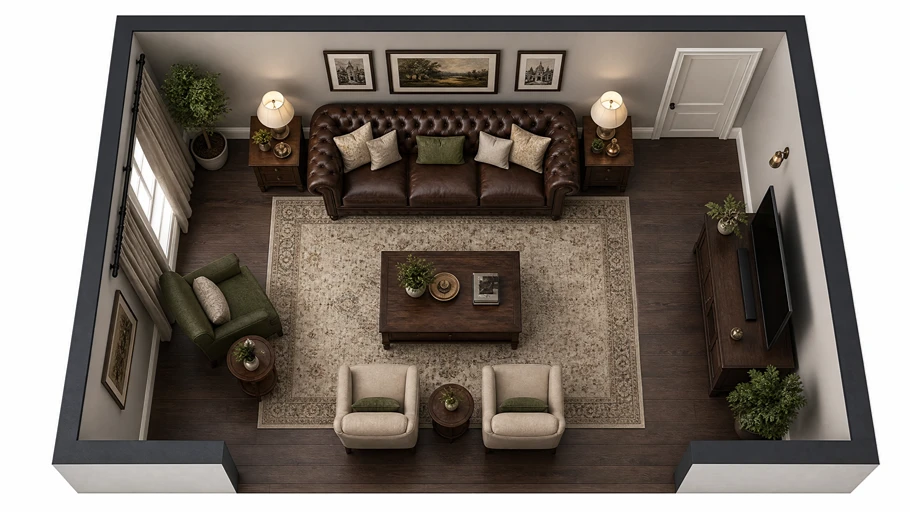 Rectangular living room layout and arrangement plan for Chesterfield sofas - Kelebek Furniture
