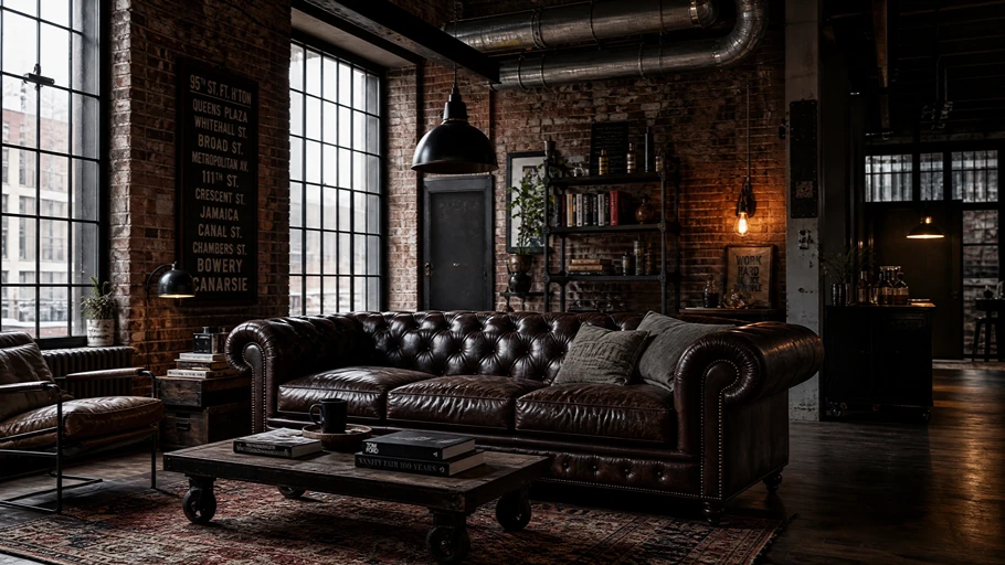 Vintage brown leather Chesterfield sofa in an industrial loft decor - Kelebek Furniture