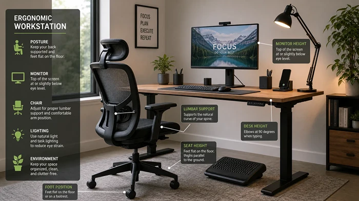 Properly designed ergonomic workstation showing correct desk height, monitor positioning, chair support, and lighting arrangement for office workers
