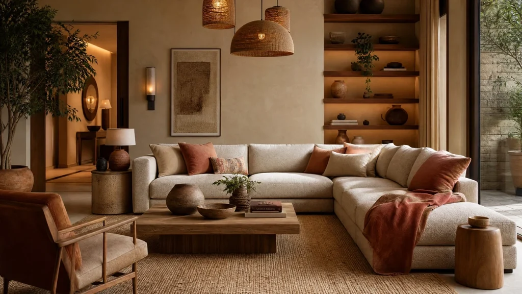 L-shaped sofa color combinations with warm terracotta and cream tones – Kelebek interior design