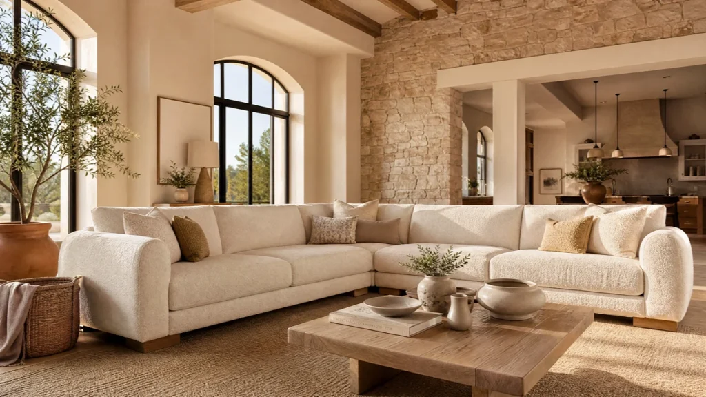 Large L-shaped sectional sofa in spacious open-plan living room – Kelebek luxury furniture