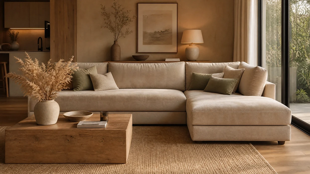 L-shaped sofa design in modern living room with warm beige tones – Kelebek Furniture