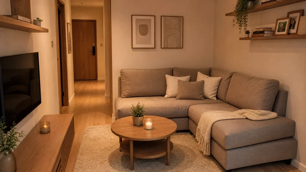 L-shaped sofa placement in small apartment corner – space-saving furniture design by Kelebek