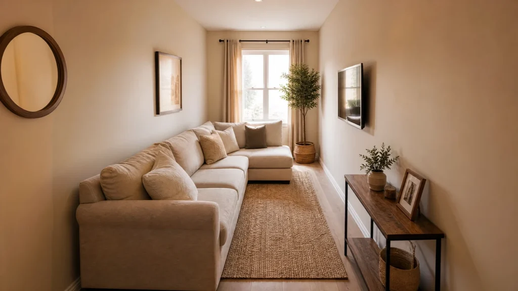 L-shaped sofa in narrow room showing poor furniture placement – what to avoid in interior design
