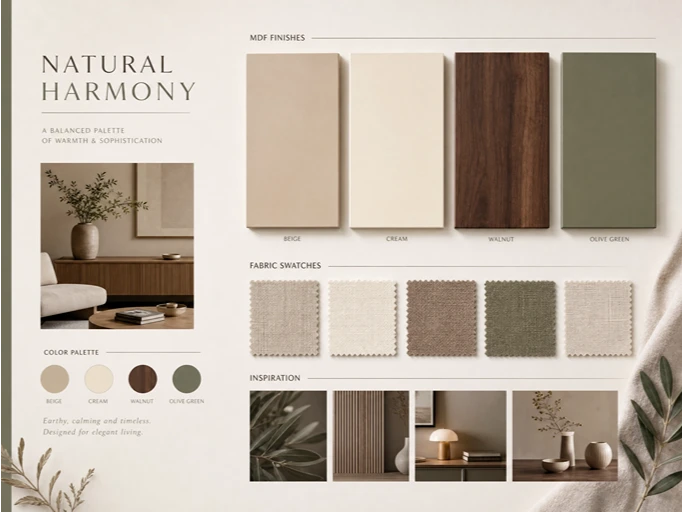 Interior design mood board showing MDF samples in beige, cream, walnut, and olive green.