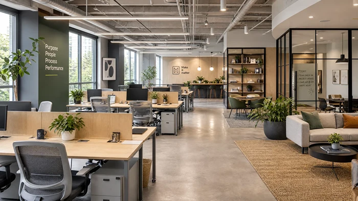 Contemporary open-plan office with light wood workstations, ergonomic gray chairs, collaborative seating areas, and natural lighting