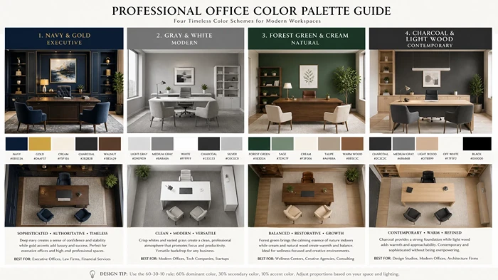 Four professional office color schemes displayed: Navy and Gold Executive, Gray and White Modern, Forest Green and Cream, Charcoal and Light Wood with furniture arrangements