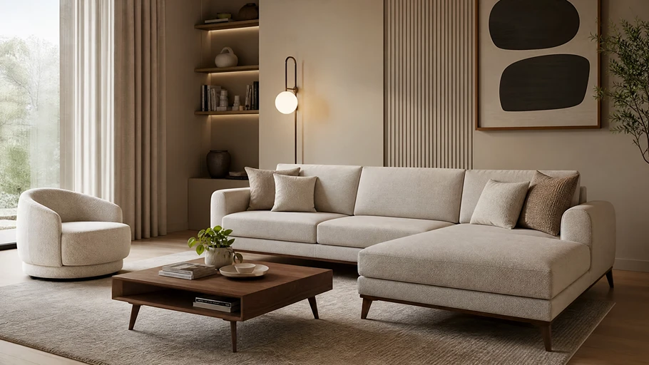 Modern minimalist living room with warm beige and cream tones featuring a sleek Kelebek Furniture sofa and natural lighting.
