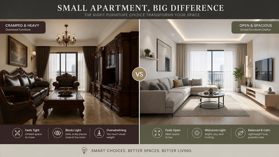 Comparison of a cramped apartment with heavy royal furniture versus a spacious open living room with a modern L-shaped sofa.