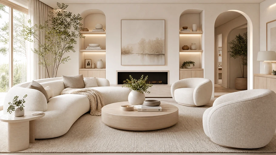 Cozy 2026 trend-style family room with soft white and beige colors, ergonomic furniture, and a peaceful atmosphere.