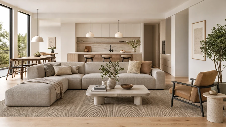 Large modern modular sofa in a spacious open-plan living area with a minimalist kitchen background and airy design.