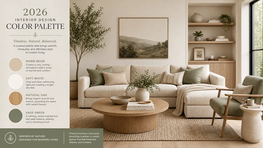 2026 interior design color palette infographic featuring Warm Beige, Soft White, Natural Oak, and Sage Green in a modern home setting.
