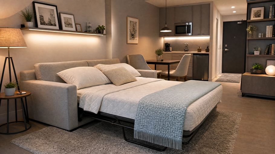 Stylish sleeper sofa in a small modern studio apartment, space-saving design with warm lighting and cozy decor.