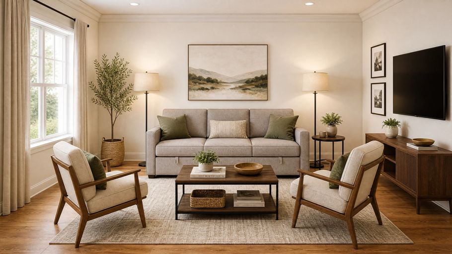 Square-shaped living room layout featuring a central sleeper sofa, minimalist furniture, and warm wooden floors. | مبل تخت خواب شو