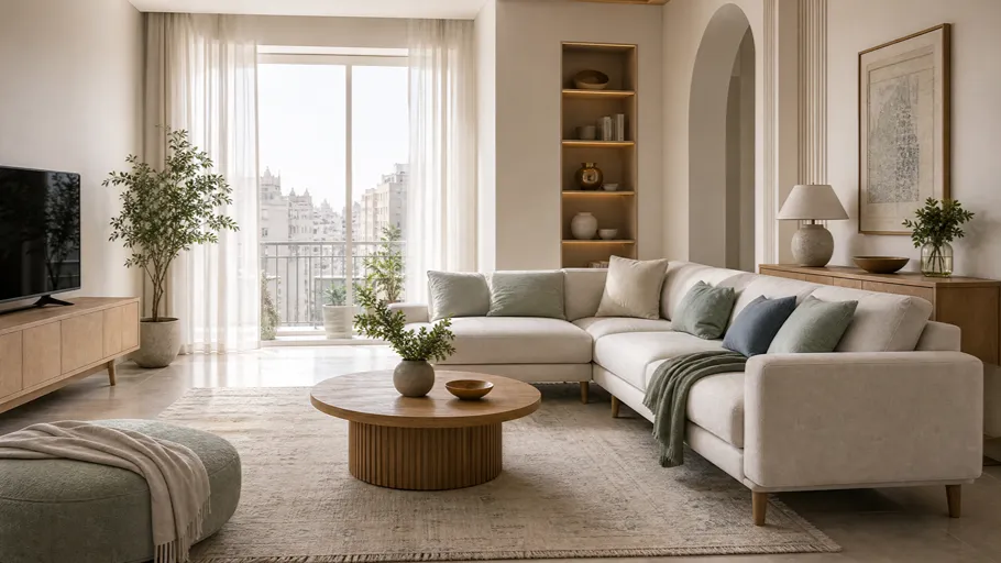 مبل راحتی سفید گرم کلبک Kelebek در پذیرایی کوچک با چوب روشن و نور طبیعی — Warm white Kelebek comfy sofa in a small living room with light wood and natural light