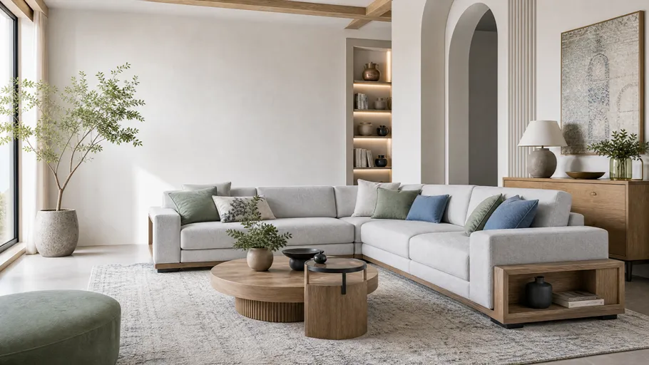 مبل ال طوسی سرد کلبک Kelebek در پذیرایی مدرن و پرنور — Cool gray Kelebek L-shaped sofa in a bright modern living room