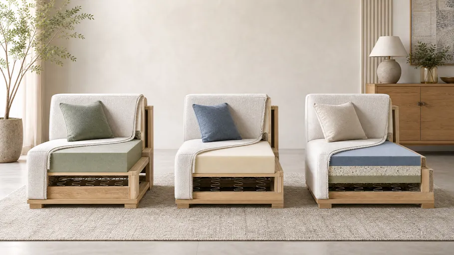 نمای آموزشی فوم سرد، فوم گرم و اسفنج پرتراکم در ساخت مبل کلبک Kelebek — Educational view of cold foam, warm foam and high-density sponge in Kelebek sofa construction