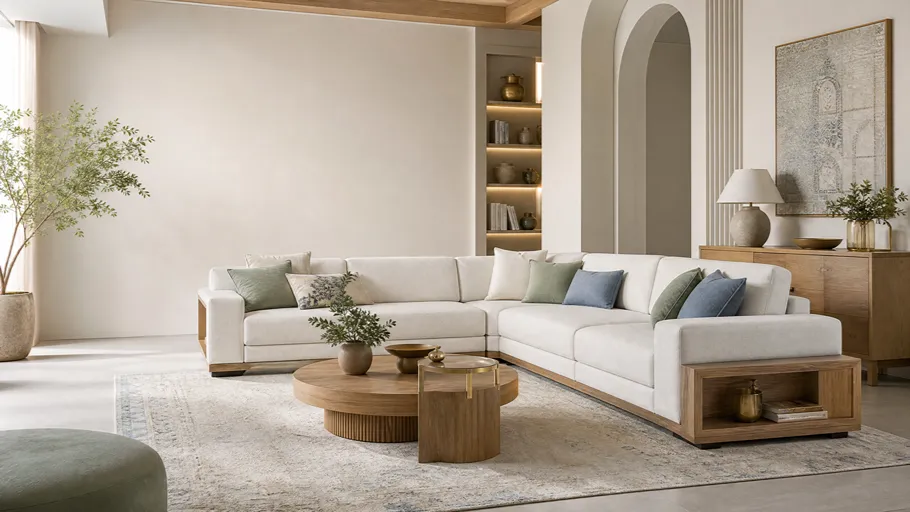 ترند دکوراسیون سفید و سرد با کاناپه ال کلبک Kelebek در پذیرایی مدرن — Cool white interior design trend with a Kelebek L-shaped sofa in a modern living room