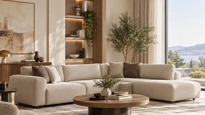 مبل L مدرن کلبک در فضای نشیمن با پالت گرم و خنثی برای نمایش عوامل موثر بر قیمت مبل L